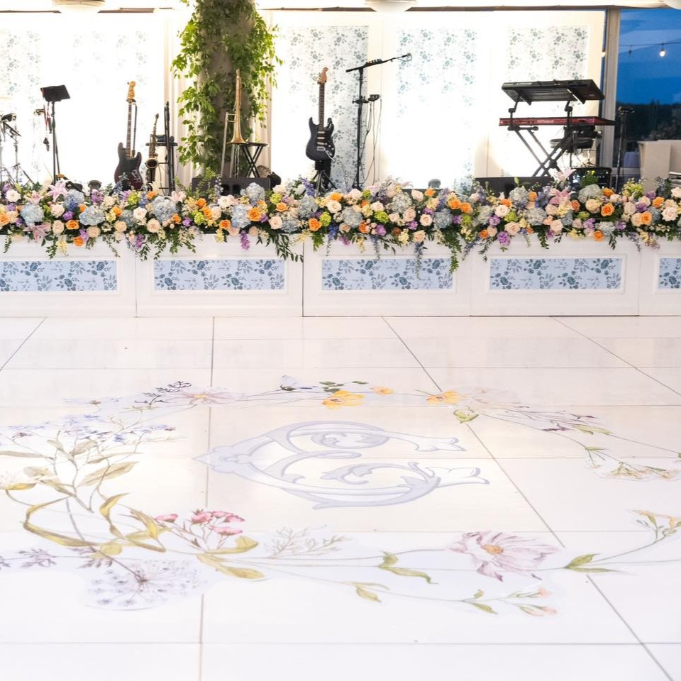 White dance floor rental with custom gold pattern, Party Central