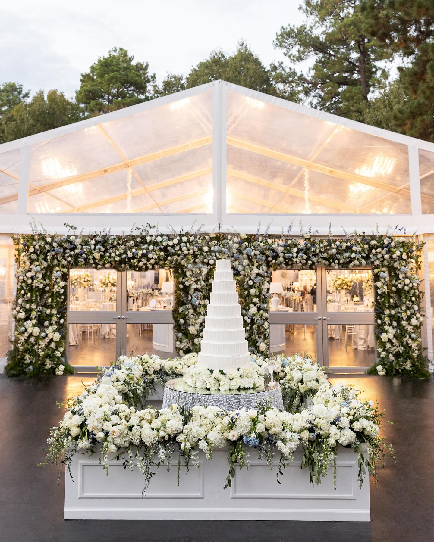 Clear-top event tent with string lighting, available through Party Central