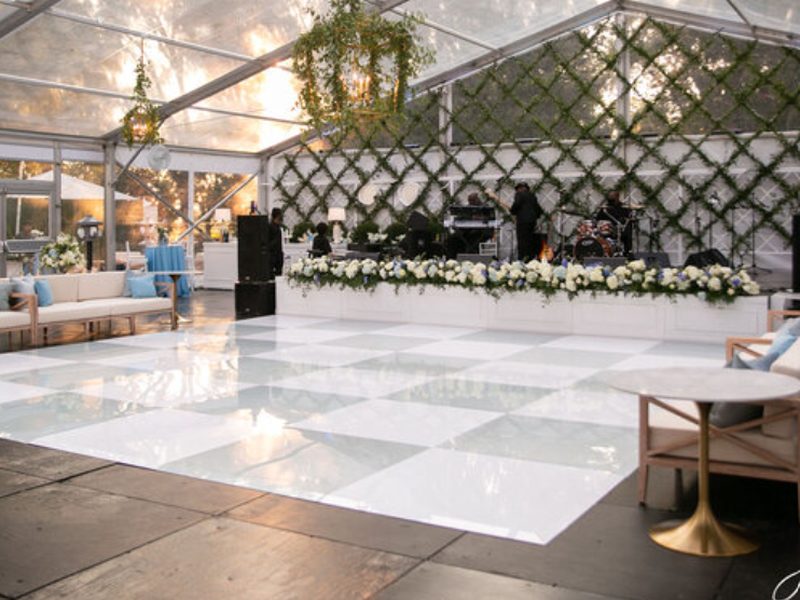 Black and white checkered dance floor rental under an event tent, Party Central