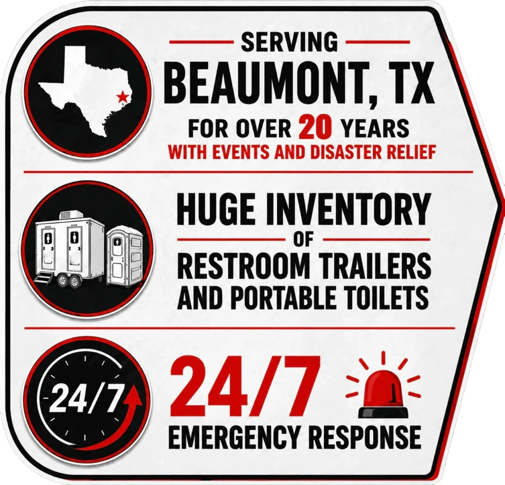 Event Solutions serving Beaumont, TX for over 20 years with restroom trailers, portable toilets and 24/7 emergency response